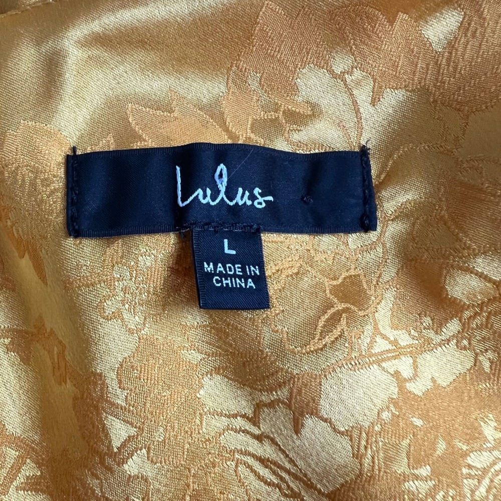 Lulus Mini Dress Size Large Yellow Floral Satin Jacquard Asymmetrical Shoulder - Picture 6 of 9
